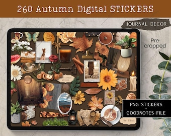 Può includere: Un collage digitale di adesivi a tema autunnale su uno schermo di tablet. Gli adesivi includono foglie autunnali, zucche, fiori, candele e caffè. Il testo sullo schermo recita "260 Adesivi Digitali Autunno", "Journal Decor" e "File PNG + Goodnotes".