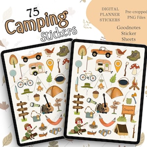 75 Camping Digital Planner Stickers, Pre-cropped Goodnotes, PNG Camping Ephemera, iPad, Notability, Scrapbook, Junk Journal Sticker