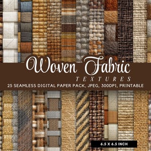 May include: A collection of 25 seamless woven fabric textures in various colors and patterns. The image includes a variety of textures, including basket weave, tweed, and other woven designs. The image is labeled "Woven Fabric Textures" and is 6.5 x 6.5 inch.