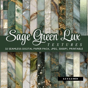 Puede incluir: Un paquete de papel digital con 32 texturas sin costuras en verde salvia, dorado y blanco. Los diseños incluyen mármol, purpurina y patrones abstractos. El papel mide 16,5 x 16,5 cm y es imprimible.