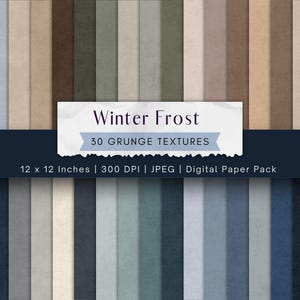 Könnte beinhalten: Ein digitales Papierpaket mit dem Titel Winter Frost 30 Grunge Textures, das 30 vertikale Paneele in verschiedenen gedeckten Blau-, Grau-, Braun- und Beigetönen zeigt. Der Text lautet Winter Frost 30 Grunge Textures 12 x 12 Inches 300 DPI JPEG.