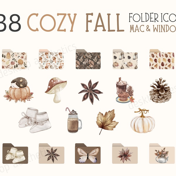 38 Cozy Autumn Desktop Folder Icons | Fall Aesthetic | Icons for Mac, Windows | PC Folder Icons | Autumn Wallpaper | Desktop Customization