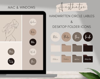 160+ Desktop Folder Icons & Labels | Minimalist Aesthetic Desktop Circles, Folder Icons for Mac and Windows PC | Neutral Desktop Organizer