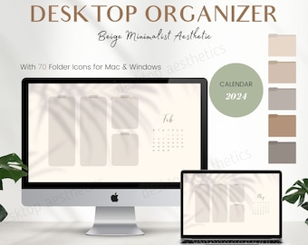 Neutraler Desktop-Organizer für Mac, Windows PC | Minimalist Beige Wallpapers, 70 Desktop Ordner Icons, Desktop Organizer