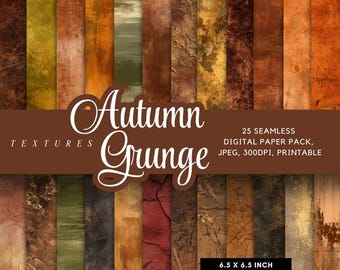 Könnte beinhalten: Ein digitales Papierpaket mit 25 nahtlosen Texturen in herbstlichen Farbtönen, darunter Braun-, Grün- und Orangetöne. Das Bild enthält den Text "Autumn Grunge" und die Maße "6,5 x 6,5 Zoll".