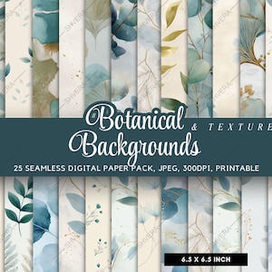 Puede incluir: Un conjunto de 25 fondos botánicos digitales sin costuras. Los diseños presentan ilustraciones de acuarela de hojas y elementos florales en tonos azules, verdes y dorados. Cada papel mide 16,5 x 16,5 cm.