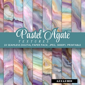 Könnte beinhalten: Eine Sammlung von 22 nahtlosen digitalen Papiertapeten in Pastellfarben, darunter Rosa, Blau, Lila und Gold. Das Bild zeigt verschiedene Designs im Agat-Stil, jeweils 16,5 x 16,5 cm groß. Der Text lautet "Pastel Agate Textures."
