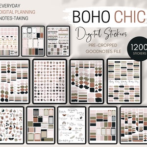 1200 Boho Chic Digital Stickers Bundle for Goodnotes, PNG Stickers, Pre-cropped Sticker, Boho Planner Widgets, Chic Digital Sticky Notes