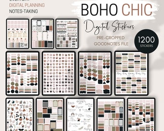 1200 Boho Chic Digital Stickers Bundle for Goodnotes, PNG Stickers, Pre-cropped Sticker, Boho Planner Widgets, Chic Digital Sticky Notes