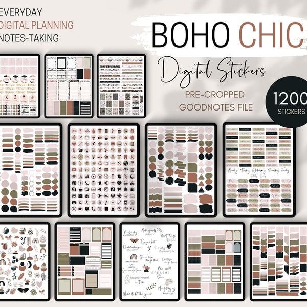 1200 Boho Chic Digital Stickers Bundle for Goodnotes, PNG Stickers, Pre-cropped Sticker, Boho Planner Widgets, Chic Digital Sticky Notes