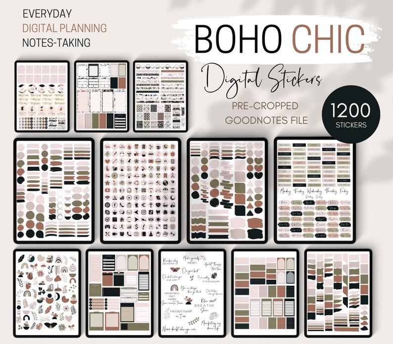 May include: A digital sticker pack with 1200 pre-cropped stickers in a boho chic style. The stickers are in various colors, including pink, brown, green, and black. The stickers feature a variety of designs, including circles, squares, triangles, stars, and flowers. The stickers are designed for use with the Goodnotes app.