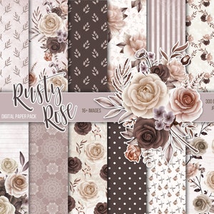 May include: Digital paper pack with 16+ images featuring a rusty rose theme. The pack includes various patterns with brown, beige, and white roses, leaves, and polka dots. The text "Rusty Rose" and "Digital Paper Pack" is included in the image.