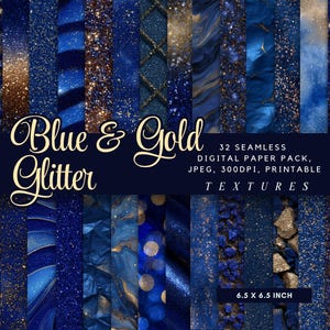 Set di 32 carte digitali senza soluzione di continuità blu navy e oro glitterato, texture celestiali scure, sfondi in marmo blu reale, kit per junk journaling