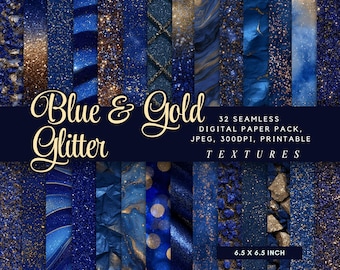 Set di 32 carte digitali senza soluzione di continuità blu navy e oro glitterato, texture celestiali scure, sfondi in marmo blu reale, kit per junk journaling