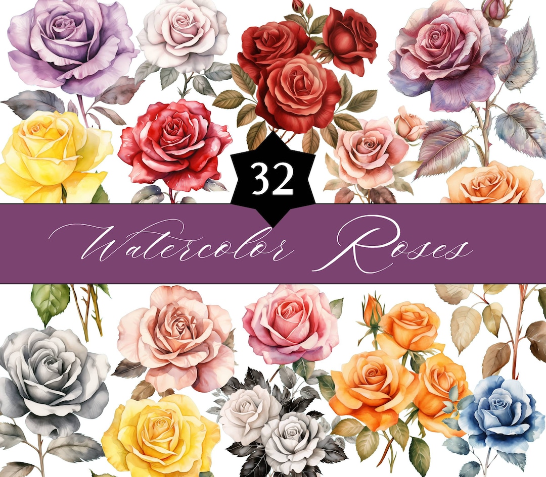 30 Watercolor Roses Digital Clipart Set, Png Watercolor Flower Set ...