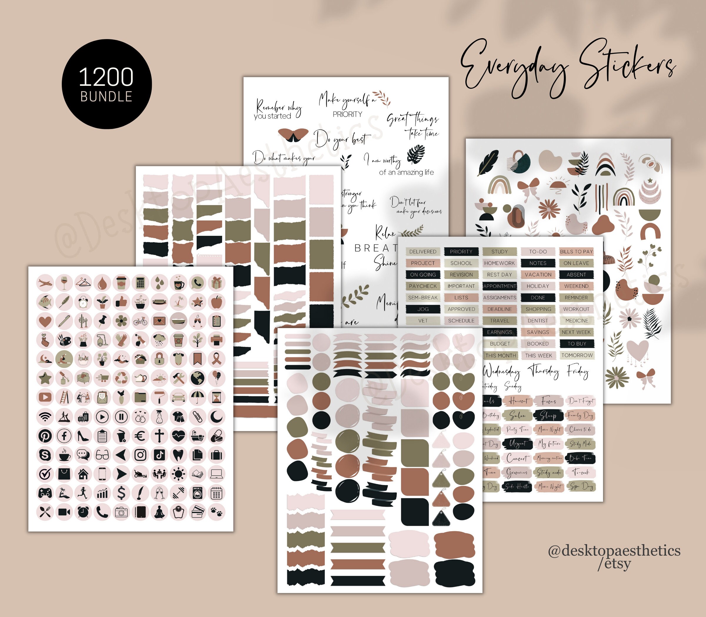 1200 Boho Chic Digital Stickers Bundle for Goodnotes, PNG Stickers, Pre ...