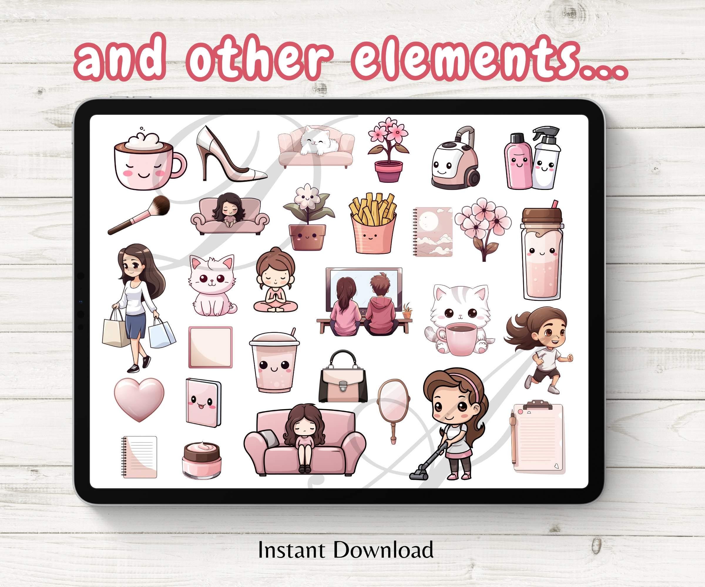 Daily Life Cute PNG Digital Stickers Bundle, Planner, Journal | Cute ...