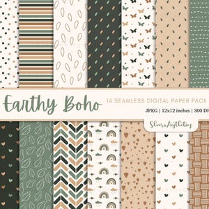 May include: A collection of 14 seamless digital paper designs with an "Earthy Boho" theme. The patterns include dots, stripes, leaves, butterflies, and geometric shapes in shades of green, brown, and beige. Each paper is 12x12 inches.