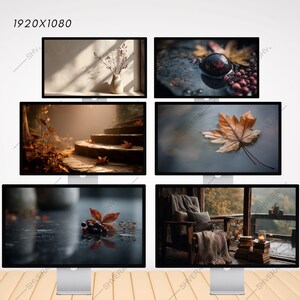 May include: A collection of six computer monitors displaying autumn-themed images. The images include a vase with branches, a leaf in water, a staircase with leaves, and a cozy room with a chair and books. The text "1920X1080" is visible.