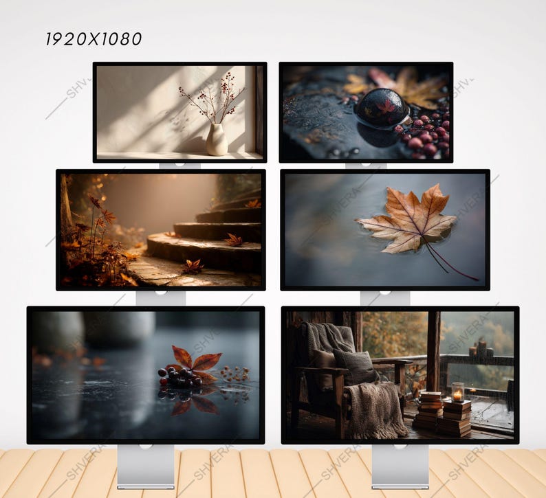 May include: A collection of six computer monitors displaying autumn-themed images. The images include a vase with branches, a leaf in water, a staircase with leaves, and a cozy room with a chair and books. The text "1920X1080" is visible.