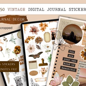 May include: A digital planner sticker set with 250 pre-cropped stickers featuring a vintage aesthetic. The stickers include floral designs, butterflies, leaves, and text elements in shades of brown, beige, and green. The text includes the phrases "You are your own kind of beautiful" and "Only Limit Your Mind".