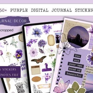 May include: A digital download of over 250 purple journal stickers. The stickers feature flowers, butterflies, and other designs. The stickers are pre-cropped and can be used in Goodnotes.
