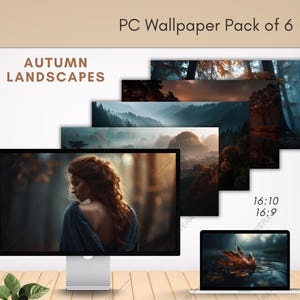 Op de afbeelding: Een pakket van zes pc-achtergronden met herfstlandschappen. De achtergronden bevatten afbeeldingen van bossen, bergen en een vrouw met rood haar. De tekst "PC Wallpaper Pack of 6" en "Autumn Landscapes" zijn zichtbaar.