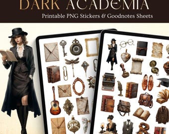 50 Dark Academia Printable Digital Stickers, Goodnotes, Pre-cropped PNG, Aesthetic Vintage Planner Stickers, Junk Journal, Instant Download