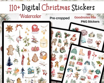 110 Digital watercolor Christmas Stickers Pre-cropped for Goodnotes and png stickers for digital planners, journals, notebooks, scrapbooks
