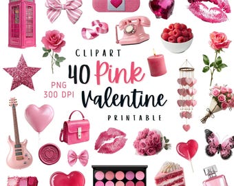 40 Pink Valentine Clipart, Printable digital stickers, Junk journal Ephemera, Digital PNG, Commercial use, Instant Digital Download