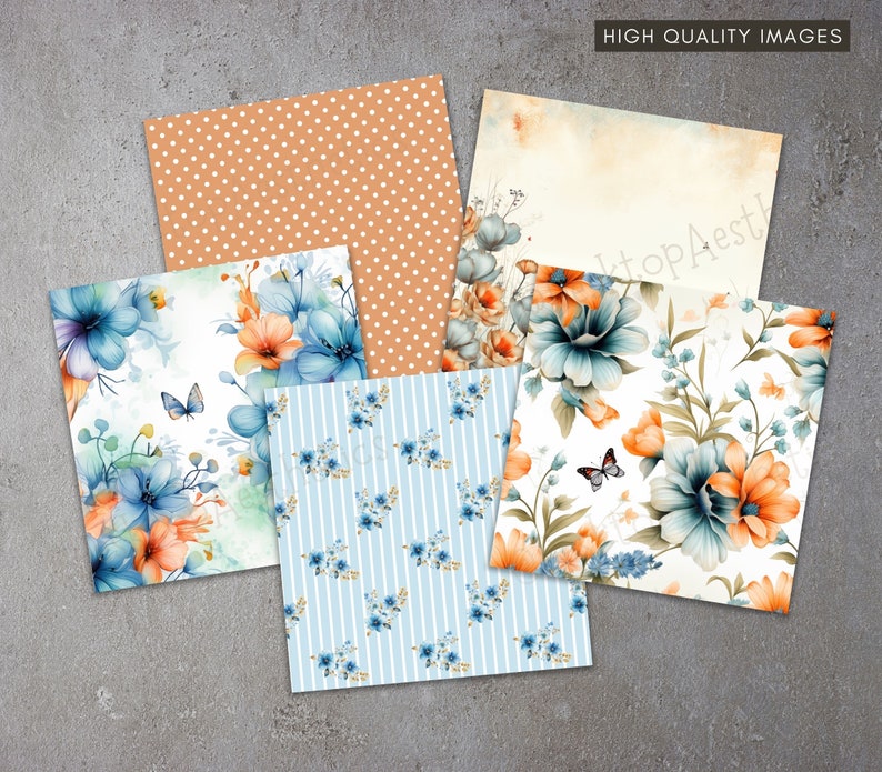 Buy 16 Peach and Blue Floral Digital Paper Pack, Wedding Invitations ...