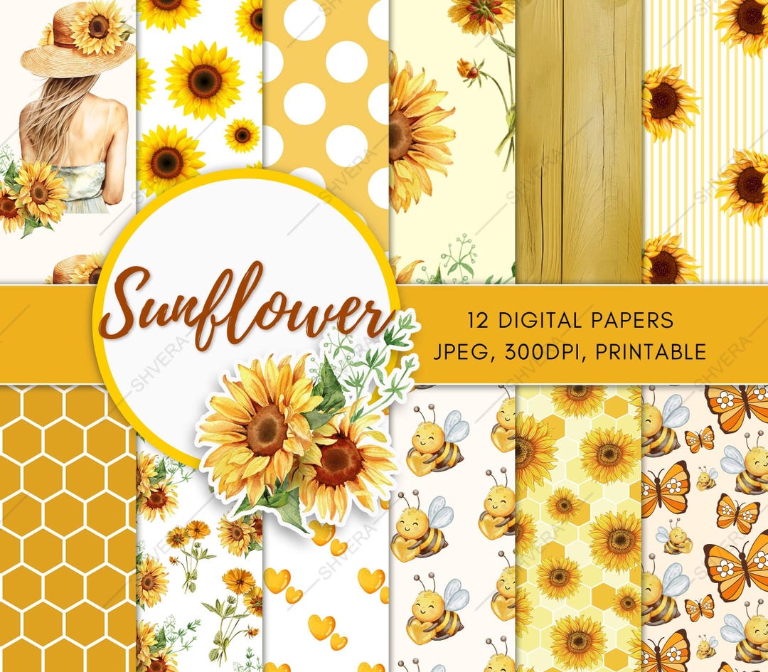 Sunflower Digital Paper Pack, Printable Scrapbook Paper, 12 Digital ...