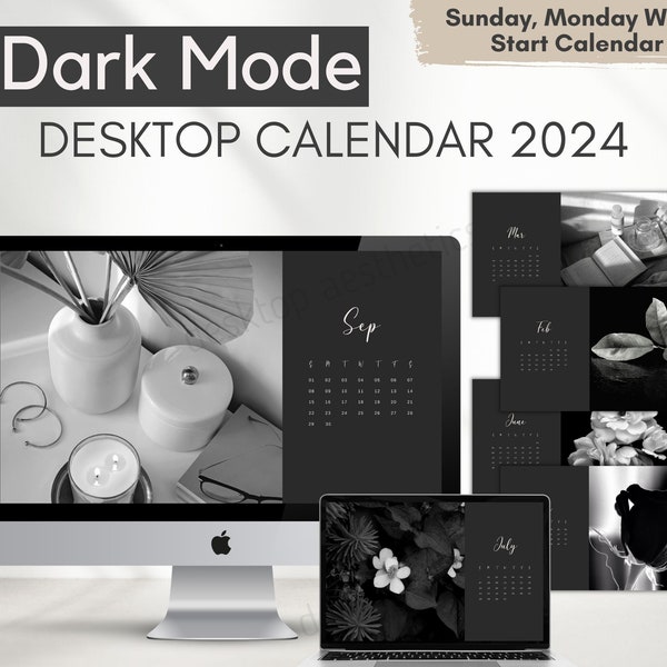 Dark Mode Kalender 2024 für Mac und Windows | Schwarz weiss Wallpaper, Desktop Kalender 2024 Mac Wallpaper, Fenster, Digital Download