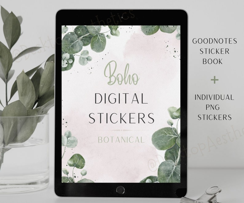 K&ouml;nnte beinhalten: Ein digitales Planer-Stickerbuch mit Boho-Thema. Der Umschlag zeigt ein Aquarelldesign mit Eukalyptusbl&auml;ttern auf rosa Hintergrund. Der Text "Boho Digital Stickers Botanical" ist auf dem Umschlag abgebildet.