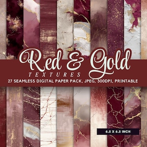 Puede incluir: Un paquete de papel digital con 27 texturas sin costuras en tonos rojos y dorados. Los diseños incluyen efectos de mármol, acuarela y metálicos. Cada papel mide 16,5 x 16,5 cm y es imprimible.