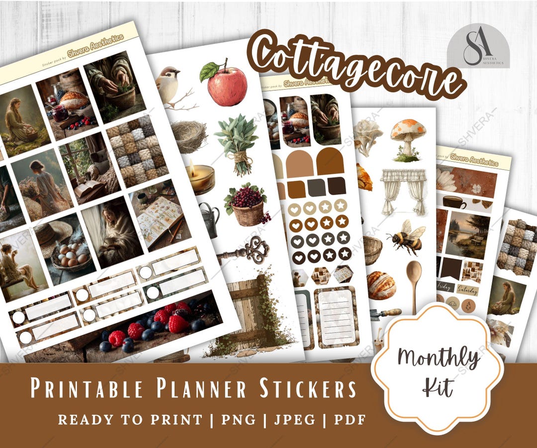 Cottagecore Printable Planner Sticker Sheets, Monthly Planner Stickers ...