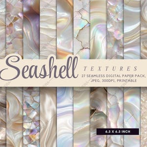 Pode incluir: Uma coleção de texturas de papel digital com tema de concha. Os designs apresentam cores iridescentes, redemoinhos e padrões que lembram madrepérola. A imagem inclui o texto "Seashell Textures" e as dimensões 16.5 x 16.5 cm.