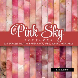 Pode incluir: Um conjunto de 32 texturas de papel digital sem costura em tons de rosa, com detalhes dourados. O texto "Pink Sky Textures" é exibido em uma faixa vermelha. Cada papel mede 16.5 x 16.5 cm e é imprimível.