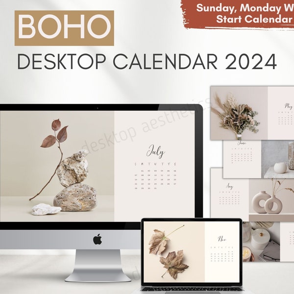 Boho Kalender 2024 für Mac und Windows | Neutral Boho Wallpaper, Desktop Digital Kalender 2024 Mac Wallpaper, Windows, digitaler Download