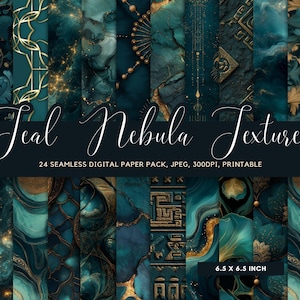 Könnte beinhalten: Eine Sammlung von 24 nahtlosen digitalen Papiertapeten in Teal, Gold und Marineblau. Die Designs umfassen marmorierte, abstrakte und geometrische Muster. Der Text lautet "Teal Nebula Textures" und die Größe beträgt 16,5 x 16,5 cm.