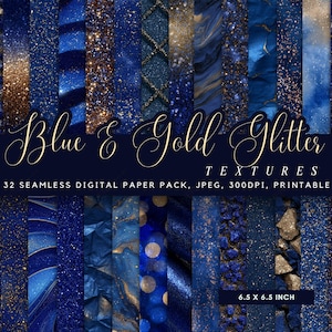May include: A digital paper pack with 32 seamless textures in blue and gold glitter. The image showcases various designs, including glitter, marble, and abstract patterns. The text reads "Blue & Gold Glitter Textures" and the dimensions are 16.5 x 16.5 cm.