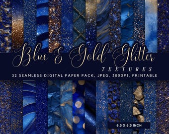 32 Seamless Navy Blue and Gold Glitter Digital Paper Bundle, Dark Celestial Textures, Royal Blue Marble Backgrounds, Junk Journaling Kit