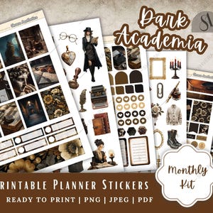Pode incluir: Um conjunto de autocolantes de planeamento imprimíveis com o tema dark academia. Os autocolantes apresentam ilustrações de artigos vintage, incluindo uma máquina de escrever, livros e uma mulher a ler. A paleta de cores inclui tons de castanho, bege e dourado. O texto "Dark Academia" é exibido.