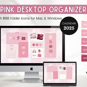 Organizador de escritorio estético PINK con calendario 2025 y 600 íconos de carpetas de escritorio compatibles con Mac y Windows, lindo organizador de escritorio