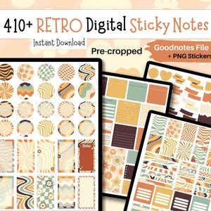 May include: A set of 410+ digital sticky notes in a retro style with various patterns and colours, including swirls, checkered, and floral designs. The notes are pre-cropped and come in a Goodnotes file format and as PNG stickers.