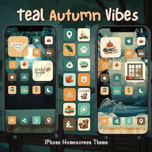 Pode incluir: Tema de tela inicial do iPhone em azul-turquesa e laranja com ícones temáticos de outono. Os ícones incluem uma abóbora, uma janela, uma folha, uma xícara de café, um livro, um relógio, um carro, uma pegada de pata, uma vela, uma casa, uma lua, uma planta, uma torta, um ventilador, um alfinete de localização, um sinal de dólar e uma citação 'faça o que você ama'.