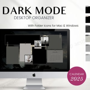 DARK MODE Desktop Organizer con calendario 2025 / 6 icone cartella Mac, Windows, sfondo minimalista / sfondo tema scuro / download digitale