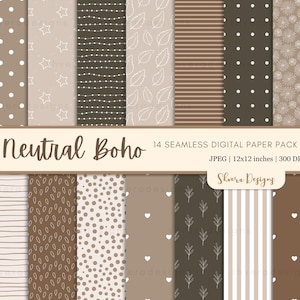 Könnte beinhalten: Ein digitales Papierpaket mit 14 nahtlosen Designs in neutralen Farbtönen. Muster umfassen Punkte, Sterne, Blätter, Streifen und florale Motive. Der Text "Neutral Boho" wird zusammen mit Details zu Format und Größe angezeigt: 12x12 Zoll.