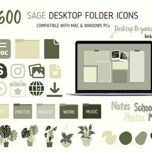 600 Sage Desktop Icons, Desktop Organizer Bundle | Botanical Folder Icons for Mac, Windows PC | Minimalist Aesthetic Desktop Customization