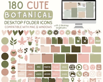 May include: 180 cute botanical desktop folder icons compatible with Mac & Windows.  The icons feature a variety of green, pink, and brown colors with floral and plant designs.  The icons are organized into categories such as Docs, Music, Photos, To-Do, Ideas, Work, Links, Videos, Archive, Project, and School.  The icons also include a variety of symbols such as a play button, a folder, a document, a camera, a phone, and a globe.